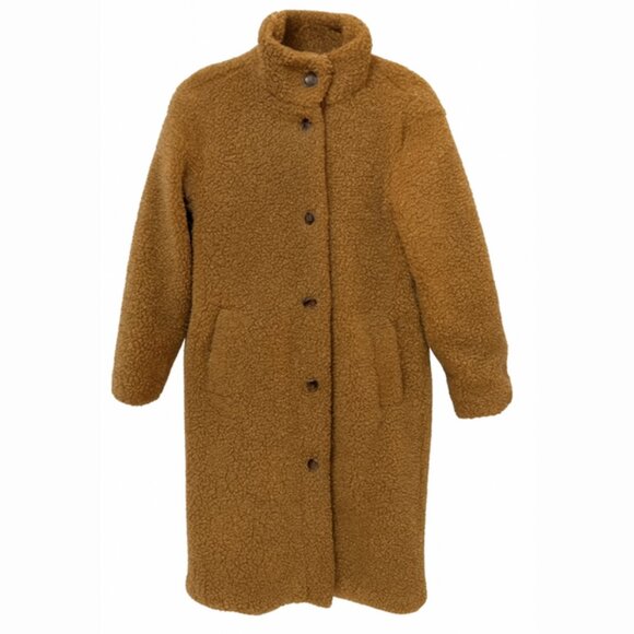 Teddy Fleece Coat Brown Tan Honey Funnel Neck Cozy Fall Winter Jacket Size Small - Picture 1 of 7